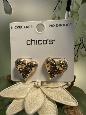 Chico's Gold-Tone Embossed Heart Stud Earrings No Droop